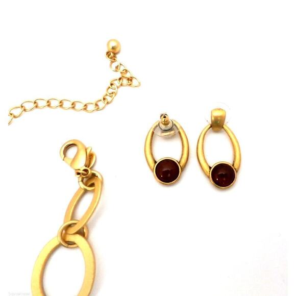 Chico's Statement Necklace & Earrings Matte Gold Red Peach Glass Pierced Ears - Picture 2 of 2